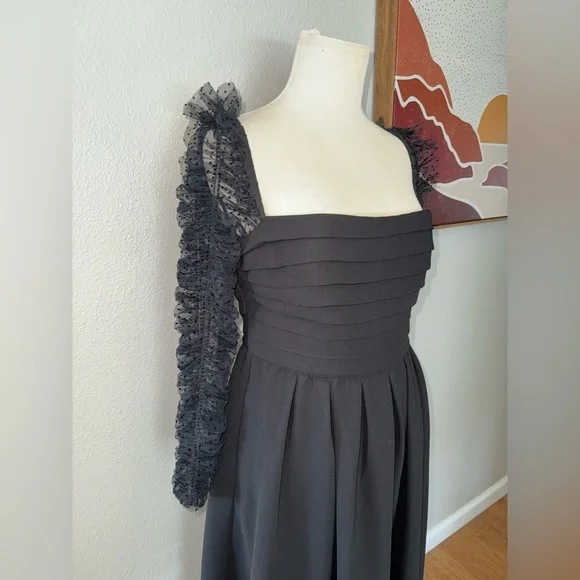 SELF-PORTRAITRuffled black Dotted Tulle And Crepe Midi women’s dress size 6